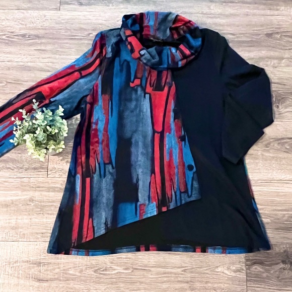 NWT Radzoli Multicolor Asymmetrical Hem Cowel Neck Lightweight Knit Tunic XL - Picture 2 of 16